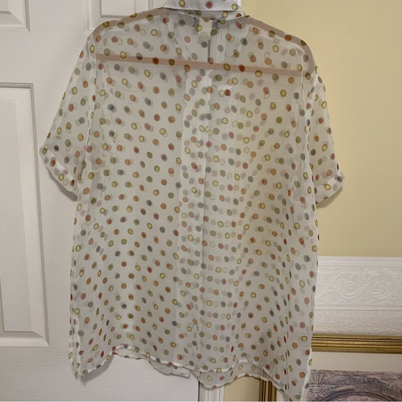 Vintage 70’s Sheer Multicolored Polka Dot Button Up Collared Blouse Size Large - Picture 2 of 9